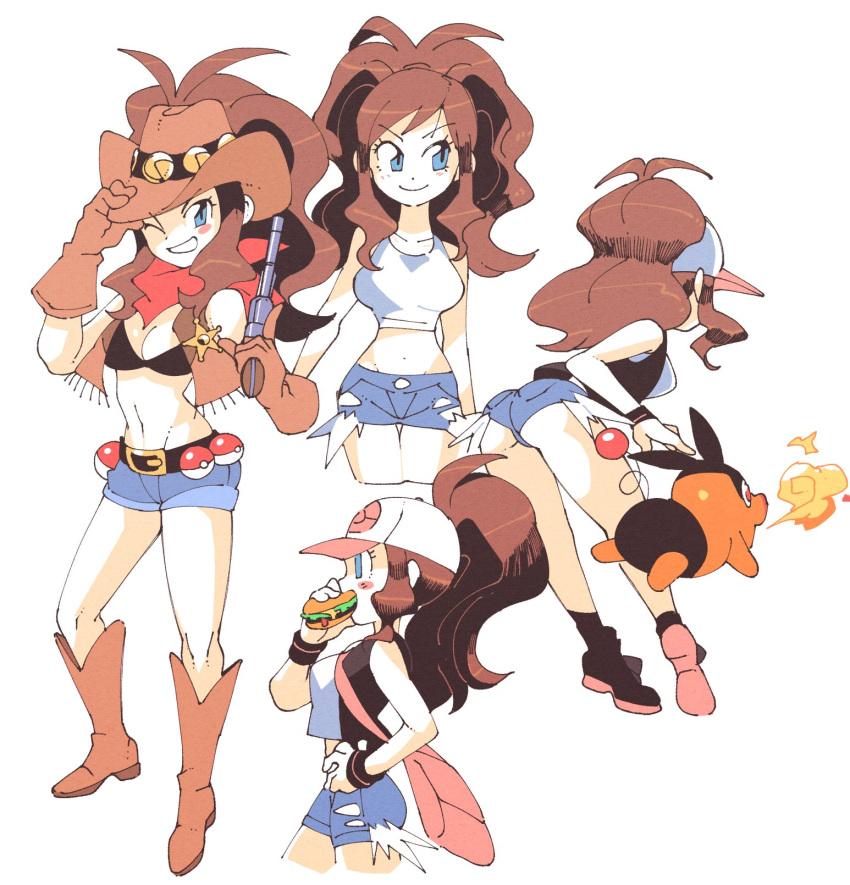 1girl :d ;d ass bag bare_shoulders baseball_cap bikini bikini_top black_vest blue_eyes blue_shorts boots breasts brown_hair brown_vest burger cleavage clenched_hand closed_mouth cowboy_boots cowboy_hat eating food from_behind gen_5_pokemon grin hat high_ponytail highres hilda_(pokemon) inkerton-kun looking_to_the_side midriff multiple_views navel no_hat no_headwear one_eye_closed open_mouth poke_ball poke_ball_(basic) pokemon pokemon_(creature) pokemon_(game) pokemon_bw shirt shorts shoulder_bag simple_background smile swimsuit tepig vest white_background white_shirt wristband