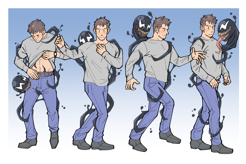 2boys assisted_exposure bara blush clothes_lift denim eddie_brock facial_hair full_body highres jeans kalamari lifted_by_self male_focus marvel midriff_peek monster_boy multiple_boys multiple_views navel pants sequential shirt_lift short_hair sideburns slime_boy stubble undressing venom_(marvel) yaoi