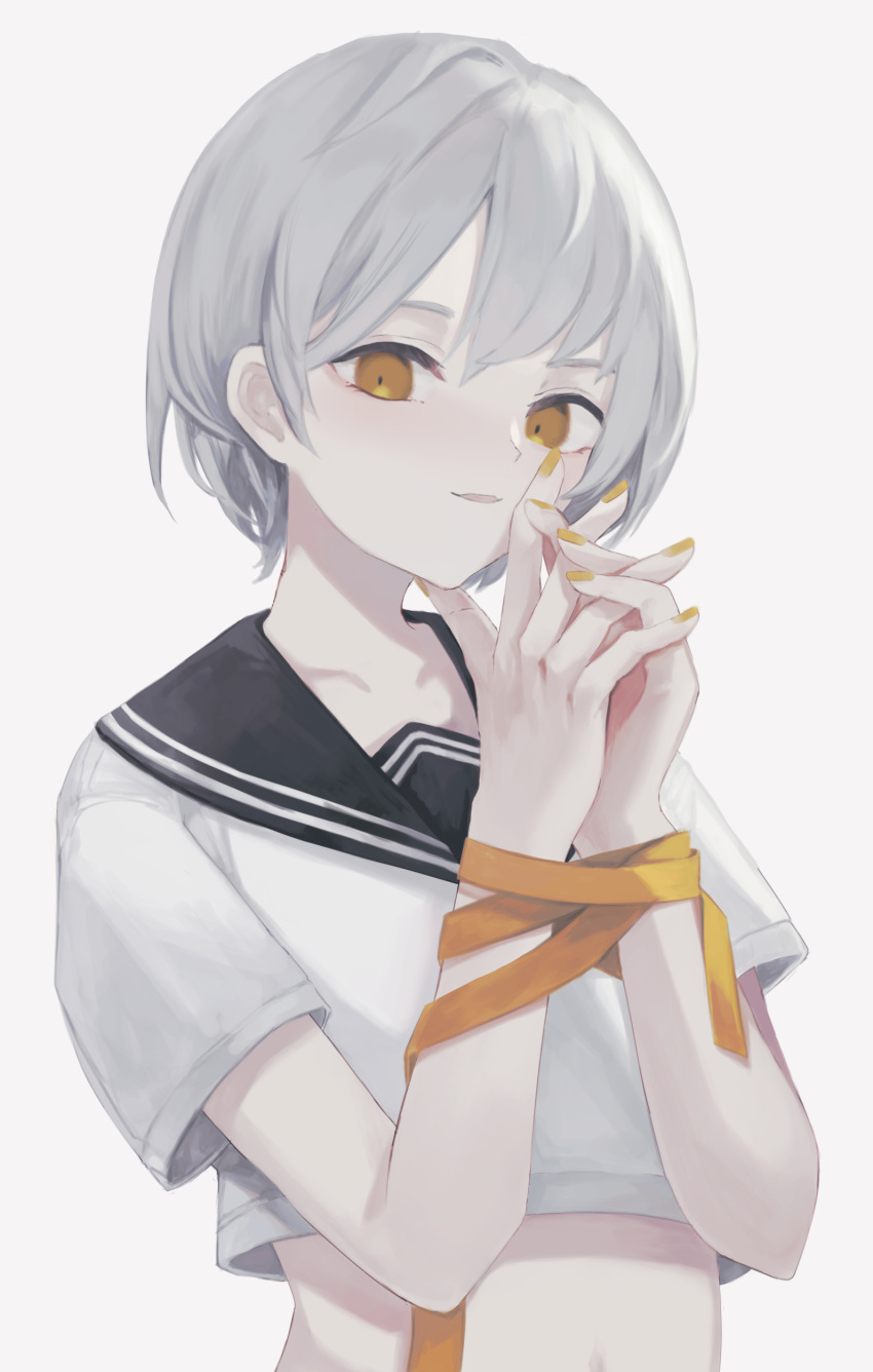 1girl absurdres bangs black_sailor_collar brown_eyes brown_nails brown_ribbon commentary_request crop_top grey_background grey_hair highres looking_at_viewer nail_polish navel ogami_ren original parted_lips ribbon sailor_collar school_uniform serafuku shirt short_hair short_sleeves simple_background smile solo upper_body white_shirt