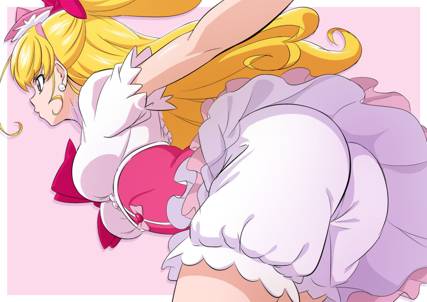 1girl asahina_mirai bangs blonde_hair bloomers breasts cure_miracle earrings frilled_skirt frills from_behind fuchi_(nightmare) hat jewelry long_hair magical_girl medium_breasts mini_hat mini_witch_hat pink_headwear pink_skirt precure puffy_short_sleeves puffy_sleeves purple_eyes shirt short_sleeves skirt solo underwear white_bloomers white_shirt witch_hat