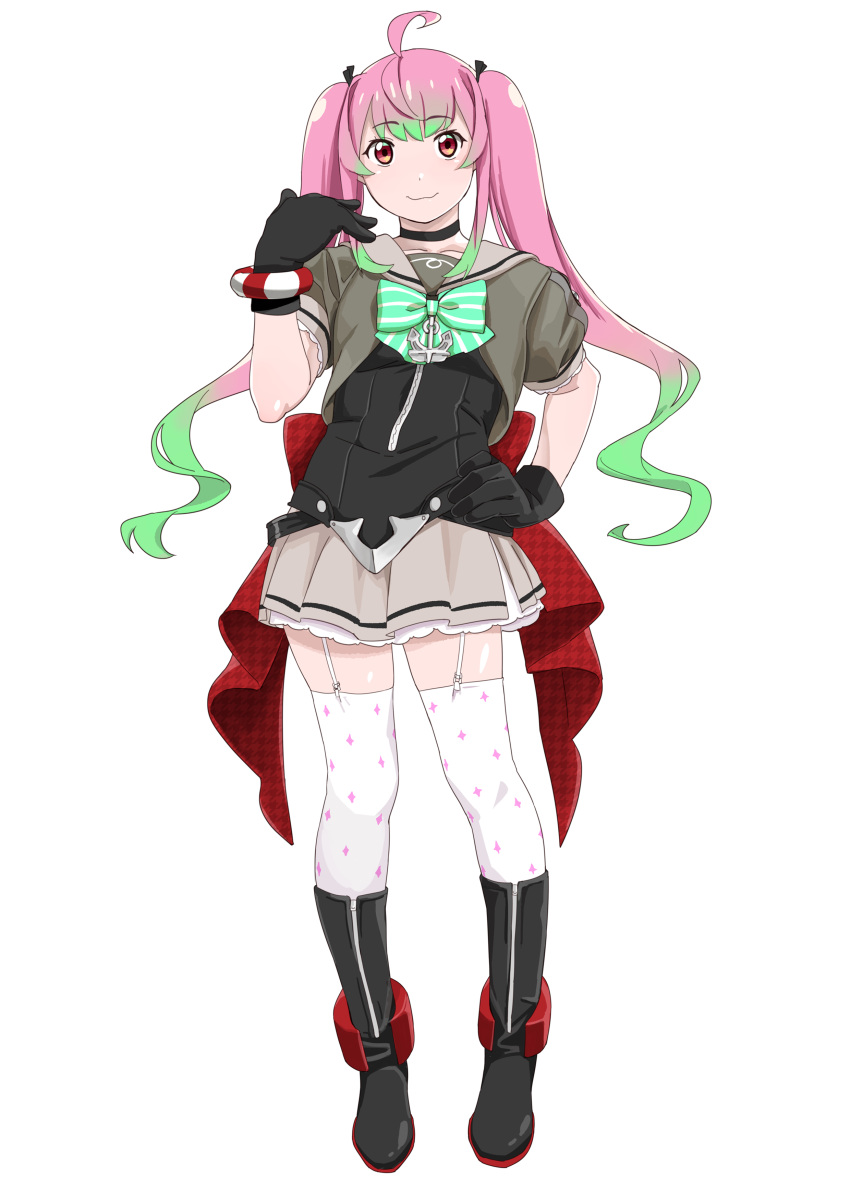 1girl absurdres ahoge anchor black_footwear black_gloves boots bow eyebrows_visible_through_hair full_body gloves gradient_hair green_bow green_hair grey_sailor_collar grey_skirt highres kantai_collection long_hair looking_at_viewer momo_(kancolle) multicolored_hair ojipon pink_hair pleated_skirt red_eyes sailor_collar school_uniform serafuku short_sleeves simple_background skirt smile solo sparkle_print standing thighhighs twintails white_background white_legwear
