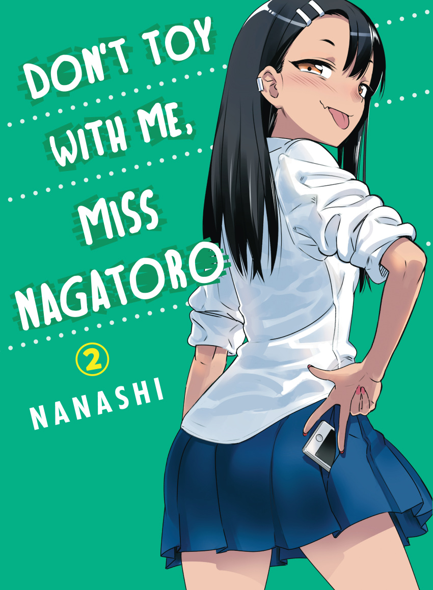 1girl 774_(nanashi) :p absurdres alternate_language artist_name black_hair blue_skirt blush brown_eyes contrapposto copyright_name cover cover_page cowboy_shot ear_piercing fang fang_out fingernails green_background hair_ornament hairclip highres ijiranaide_nagatoro-san long_hair looking_at_viewer looking_back manga_cover nagatoro_hayase nail_polish official_art photoshop_(medium) piercing pleated_skirt red_nails shirt skirt sleeves_pushed_up smile solo standing tongue tongue_out torrent_source w white_shirt