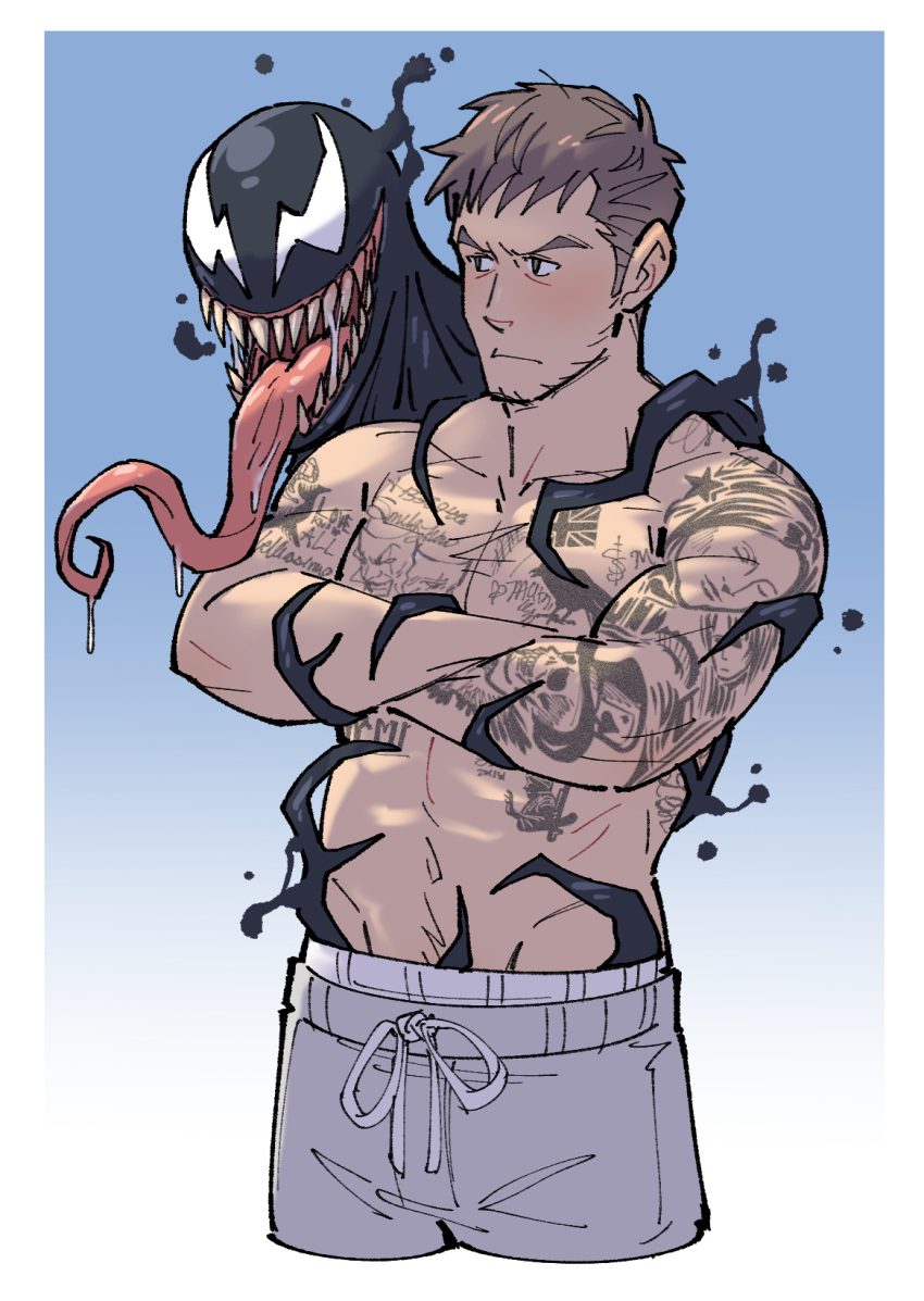 2boys arm_tattoo bara blush chest_tattoo cropped_legs crossed_arms eddie_brock facial_hair grey_pants highres kalamari long_sideburns long_tongue male_focus marvel mature_male monster_boy multiple_boys navel navel_hair pants pectorals sharp_teeth shirtless short_hair sideburns slime_boy stomach stubble tattoo teeth toned toned_male tongue venom_(marvel) yaoi