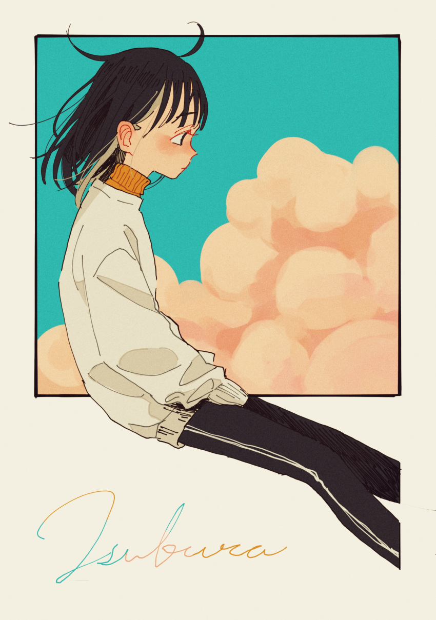 1girl 99_yen_(tsubura) absurdres ahoge artist_name black_hair black_pants blue_sky border closed_mouth cloud commentary_request cropped_legs feet_out_of_frame from_side grey_border grey_hair hair_behind_ear highres long_hair messy_hair multicolored_hair orange_sweater original pants pink_cloud profile sky sleeves_past_fingers sleeves_past_wrists solo streaked_hair sweater track_pants turtleneck turtleneck_sweater white_sweater
