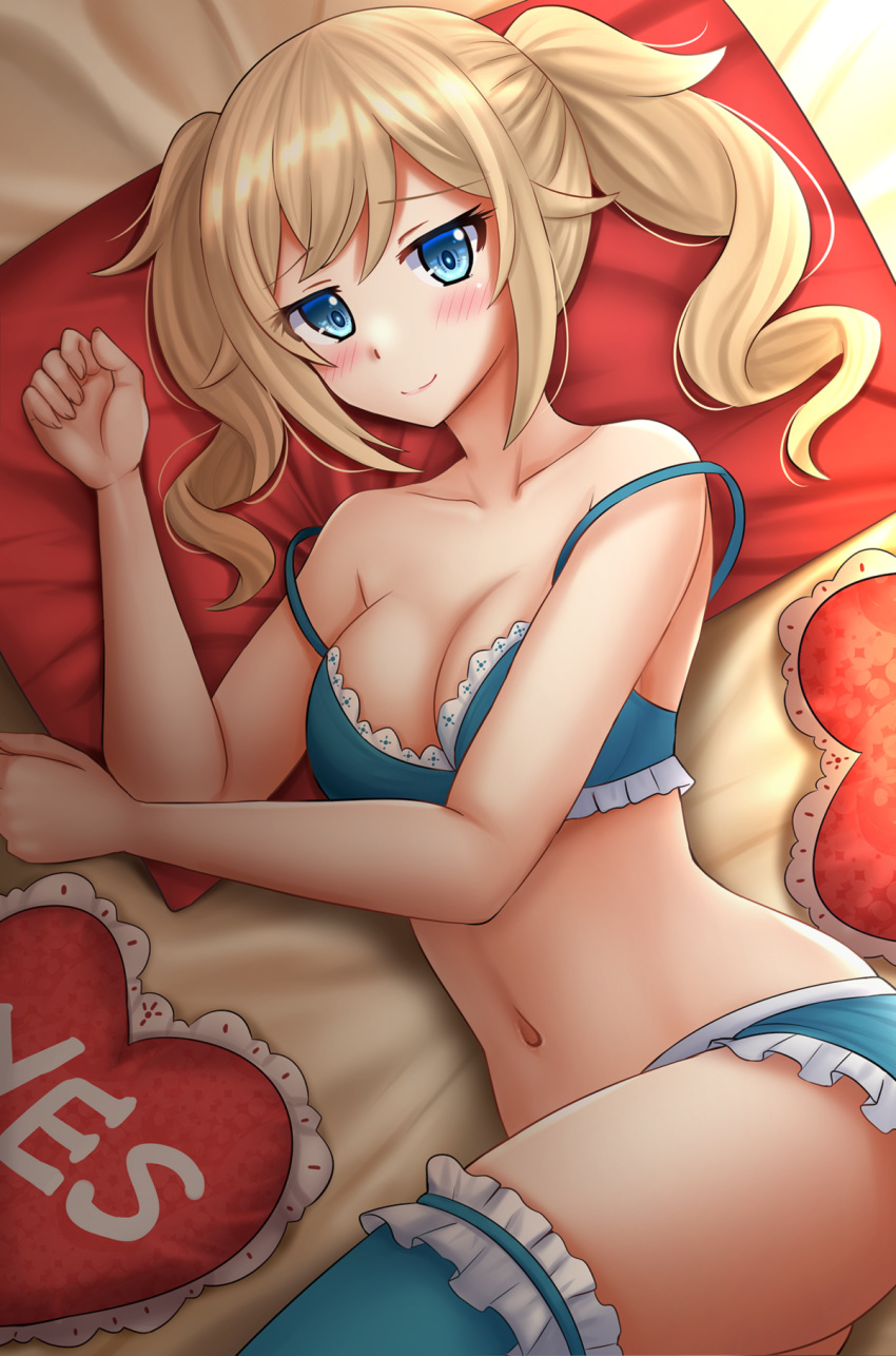 1girl bangs barbara_(genshin_impact) bare_shoulders bed_sheet blonde_hair blue_bra blue_eyes blue_legwear blue_panties blush bra breasts cleavage closed_mouth collarbone commentary eyebrows_visible_through_hair frilled_bra frilled_panties frills frown genshin_impact highres kazenokaze long_hair looking_at_viewer lying medium_breasts navel on_back on_side panties smile solo stomach strap_slip thighhighs thighs twintails underwear underwear_only yes yes-no_pillow