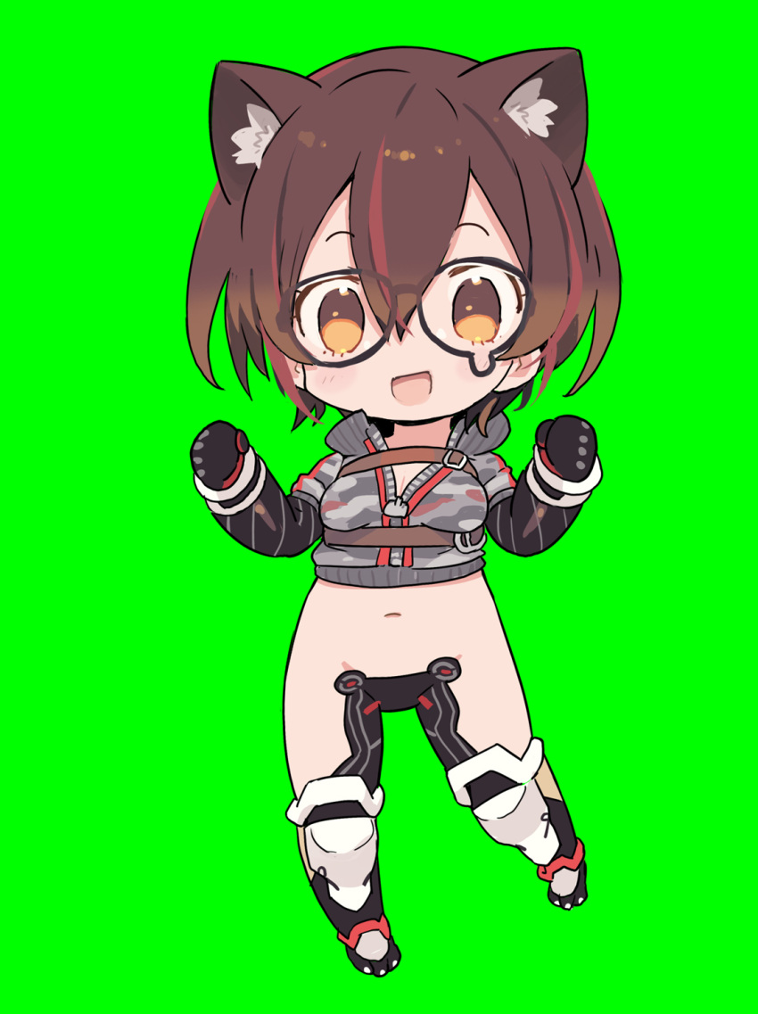 1girl :d animal_ears belt blade_(galaxist) brown_belt brown_eyes brown_hair cat_ears chest_belt chibi cropped_sweater full_body glasses green_background hands_up highres hololive looking_at_viewer open_mouth paw_boots revealing_clothes roboco-san smile solo