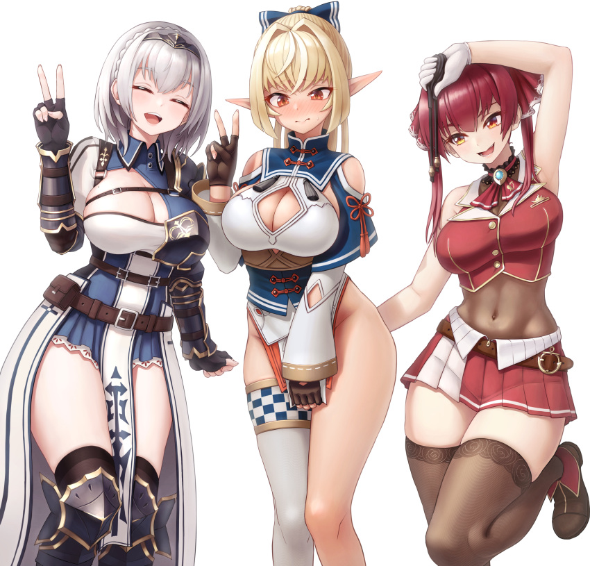 3girls :d ^_^ ^o^ absurdres anidante arm_up armor armored_dress arrow_through_heart ascot bangs bare_arms bare_shoulders belt belt_buckle belt_pouch black_armor black_choker black_gloves black_panties blonde_hair blue_bow blue_dress blush bodystocking bow braid breasts brooch brown_belt brown_footwear brown_gloves brown_legwear buckle buttons checkered chest_belt chest_guard choker cleavage cleavage_cutout closed_eyes closed_mouth clothes_theft clothing_cutout collared_dress commentary covered_navel covering covering_crotch crop_top crown_braid dark-skinned_female dark_elf dark_skin dress elf embarrassed eyebrows_visible_through_hair facing_viewer fingerless_gloves floral_print flower_knot gloves gold_trim grey_hair groin hair_between_eyes hair_bow hair_intakes hair_ribbon hand_up head_tilt heterochromia high_collar high_ponytail highres holding hololive houshou_marine jewelry knee_pads large_breasts layered_sleeves legs_together long_hair long_sleeves looking_at_another looking_down microdress miniskirt mole mole_on_breast multiple_girls nose_blush open_mouth orange_eyes panties panties_removed pauldrons pelvic_curtain pleated_dress pleated_skirt pointy_ears pouch print_legwear red_eyes red_hair red_neckwear red_ribbon red_skirt red_vest ribbon shiny shiny_hair shiranui_flare shirogane_noel short_hair short_over_long_sleeves short_sleeves shoulder_armor shoulder_cutout sidelocks single_pauldron single_thighhigh skirt sleeveless smile solo standing standing_on_one_leg tassel theft thighhighs tiara twintails underbust underwear underwear_theft v vest virtual_youtuber waist_cape white_gloves wide_sleeves wrist_guards yellow_eyes