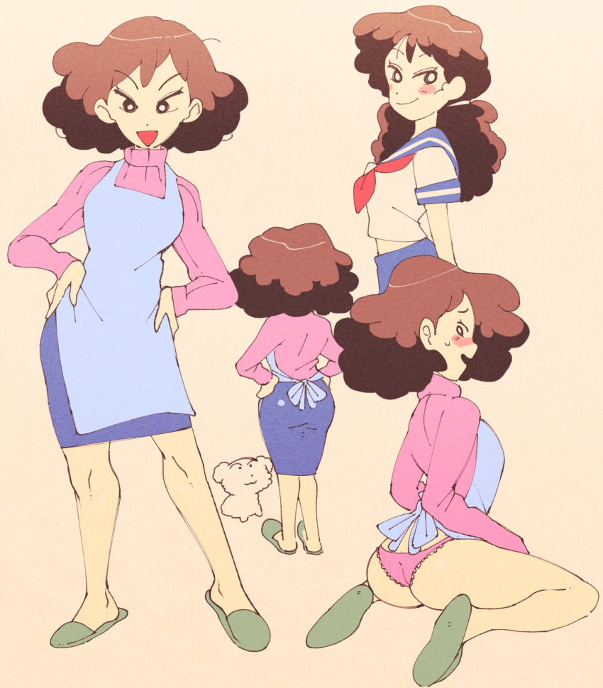 1girl :d ass big_hair blue_skirt blush breasts brown_hair crayon_shin-chan full_body green_footwear hands_on_hips highres housewife inkerton-kun looking_at_viewer looking_back mature_female multiple_views nohara_misae open_mouth panties pink_panties pink_sweater sailor_collar school_uniform serafuku shirt short_sleeves sitting skirt smile standing sweatdrop sweater underwear wariza white_shirt younger