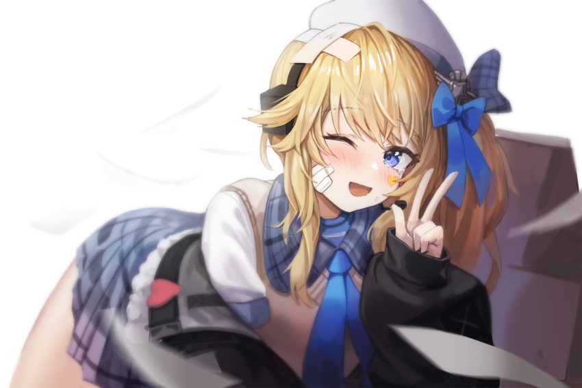1girl :d ascot bandage_on_face bandages beret blonde_hair blue_bow blue_eyes blue_neckwear blush bow coat commentary dano girls'_frontline girls'_frontline_2:_exilium hair_bow hat headset heart long_hair long_sleeves looking_at_viewer off_shoulder one_eye_closed open_mouth pleated_skirt sidelocks skirt smile solo sweatdrop sweater_vest tearing_up v vepley_(girls'_frontline_2) white_background white_headwear