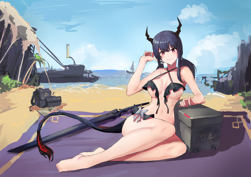 1girl absurdres arknights backpack backpack_removed bag beach bikini black_bikini blue_hair boat breasts ch'en_(arknights) cloud cloudy_sky commentary criss-cross_halter dragon_girl dragon_horns dragon_tail front-tie_bikini front-tie_top fu_naimu_li full_body great_lungmen_logo halterneck hand_up highres horns large_breasts long_hair looking_at_viewer red_eyes sitting sky solo swimsuit sword tail towel twintails untied untied_bikini watercraft weapon