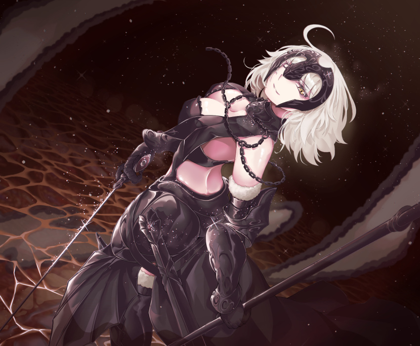 1girl armor blonde_hair breasts chain cleavage fate/grand_order fate_(series) from_above from_behind gauntlets gorget headpiece highres jeanne_d'arc_(alter)_(fate) jeanne_d'arc_(fate)_(all) pale_skin ru_251 sheath short_hair solo sword water weapon wind yellow_eyes
