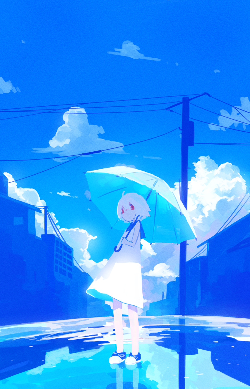 1girl absurdres blue_sky blue_theme building cloud cloudy_sky day dress highres holding holding_umbrella looking_at_viewer natsu-no-kamisama original outdoors power_lines red_eyes reflection sailor_collar short_hair sky sleeveless sleeveless_dress solo standing umbrella white_dress white_hair white_umbrella wide_shot