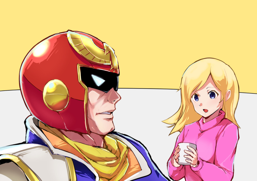 1boy 1girl blonde_hair blue_eyes captain_falcon cleft_chin commentary cup f-zero helmet hirotaka_(hrtk990203) holding holding_cup simple_background super_smash_bros. sweater visor