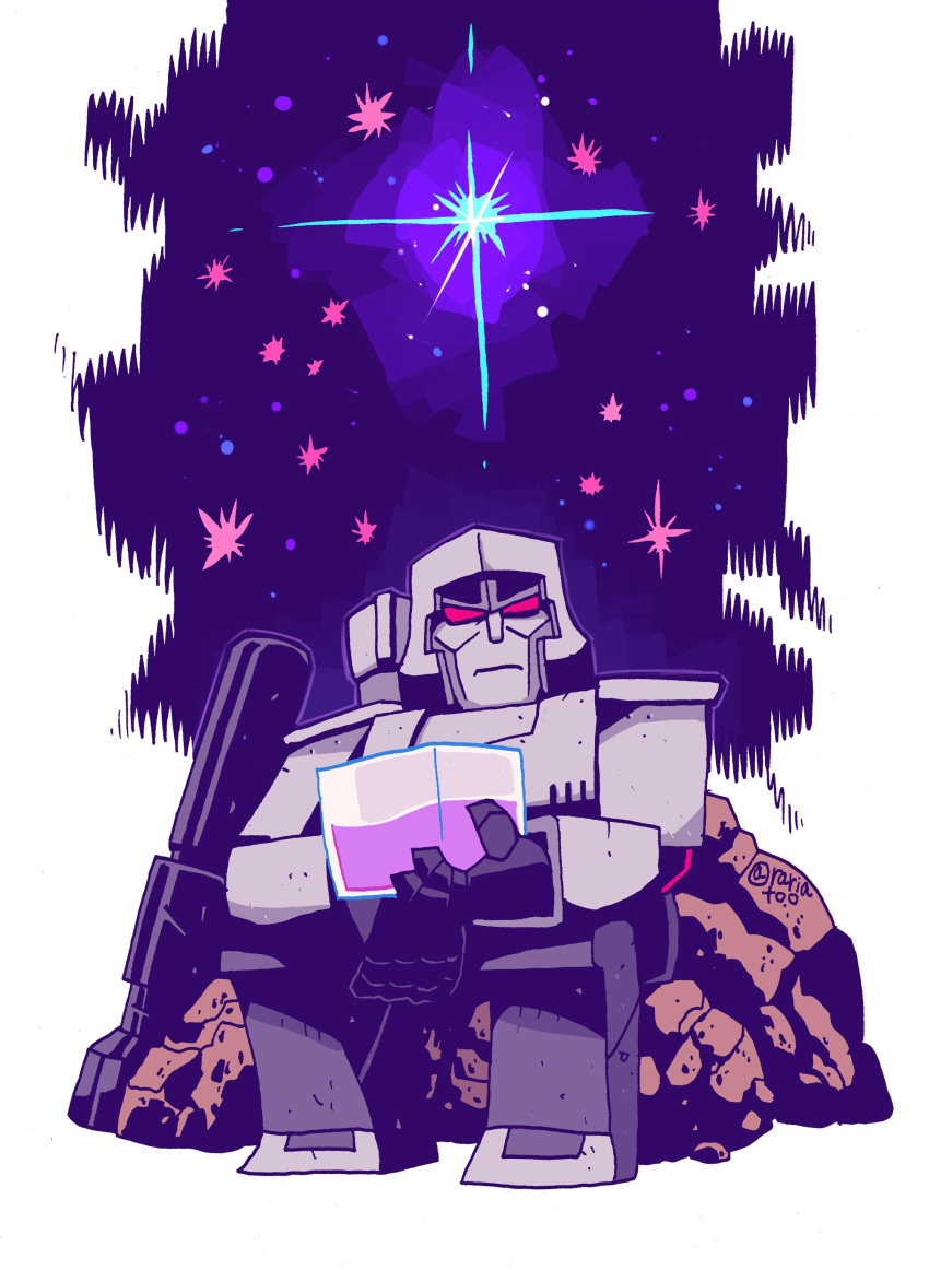 1980s_(style) 1boy absurdres arm_cannon cannon chibi decepticon energon energon_cube expressionless gun highres male_focus megatron muzzle night night_sky p38 rariatto_(ganguri) red_eyes retro_artstyle rock sitting sky star_(sky) stern transformers weapon