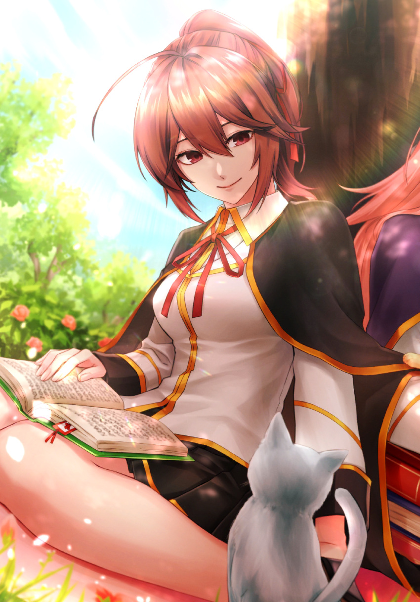 2girls ahoge bangs black_cape blazblue blazblue_alternative:_dark_war blazblue_phase_0 book book_on_lap book_stack bow breasts brown_eyes brown_hair cape cat celica_a._mercury garden grass hair_between_eyes hair_ribbon highres konoe_a._mercury medium_breasts miniskirt multiple_girls official_art out_of_frame pink_hair pleated_skirt ponytail purple_cape reading red_ribbon ribbon school_uniform siblings sisters skirt smile sunlight tree under_tree