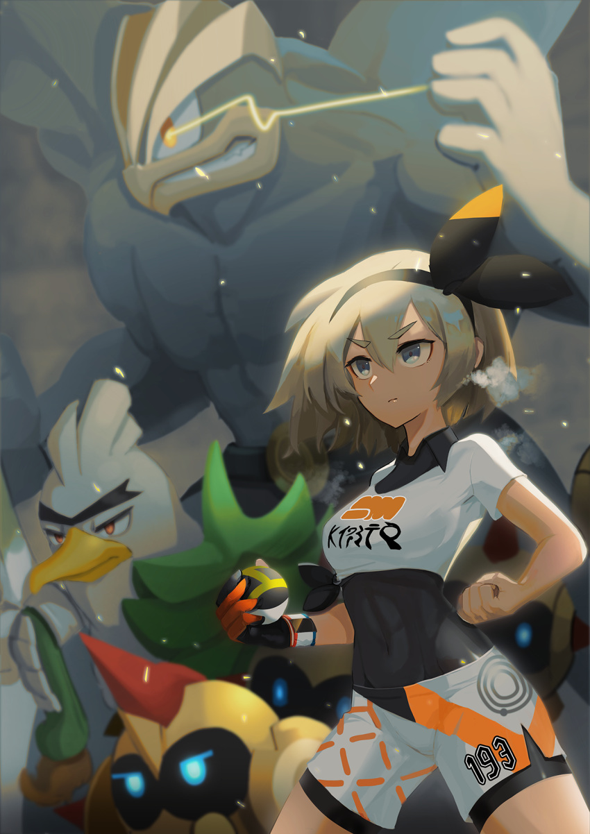 1girl bangs bea_(pokemon) black_bodysuit black_hairband blonde_hair bodysuit bodysuit_under_clothes bow_hairband breasts clenched_hand closed_mouth collared_shirt commentary covered_abs covered_navel dynamax_band eyelashes falinks gen_1_pokemon gen_8_pokemon gloves glowing glowing_eyes grey_eyes gym_leader hair_between_eyes hairband highres holding holding_poke_ball legs_apart light_trail lion_(dielion) machamp partially_fingerless_gloves poke_ball pokemon pokemon_(creature) pokemon_(game) pokemon_swsh print_shirt print_shorts shirt short_hair short_sleeves shorts side_slit side_slit_shorts single_glove sirfetch'd steam ultra_ball