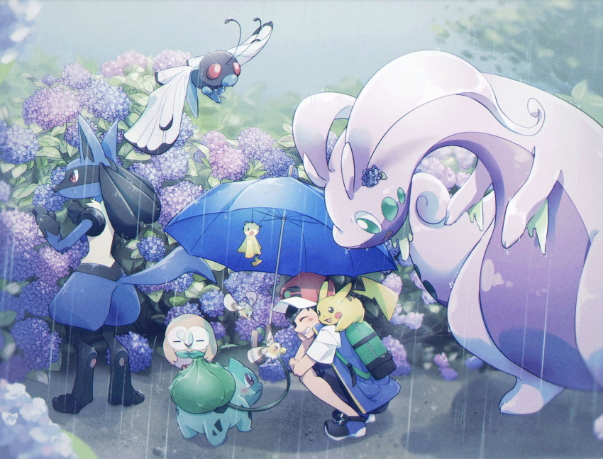 1boy alire_poke ash_ketchum backpack bag baseball_cap blue_umbrella blush bulbasaur butterfree closed_eyes commentary_request cutiefly gen_1_pokemon gen_4_pokemon gen_6_pokemon gen_7_pokemon goodra green_bag grin hat highres holding holding_umbrella lucario male_focus outdoors pikachu plant pokemon pokemon_(anime) pokemon_(creature) pokemon_swsh_(anime) rain rowlet shirt shoes short_sleeves shorts sleeveless sleeveless_jacket smile squatting starter_pokemon umbrella vines wet white_shirt