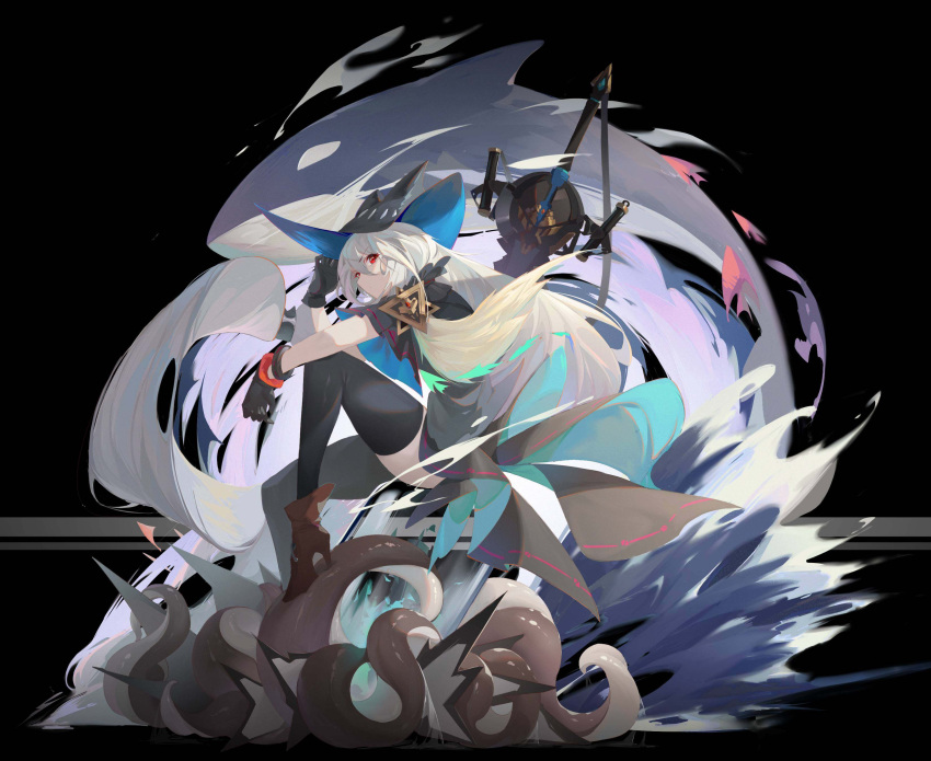 1girl absurdres arknights bangs black_background black_gloves black_headwear black_legwear boots brown_footwear cooked gloves hair_between_eyes hand_up high_heel_boots high_heels highres long_hair looking_at_viewer red_eyes silver_hair sitting skadi_(arknights) solo thighhighs