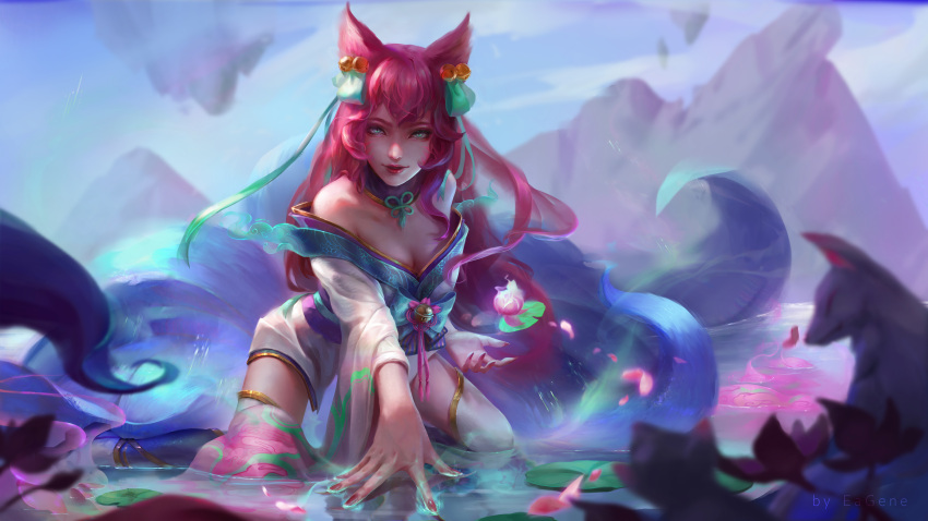 ahri animal_ears asian_clothes eagene kitsune league_of_legends no_bra tail thighhighs wet