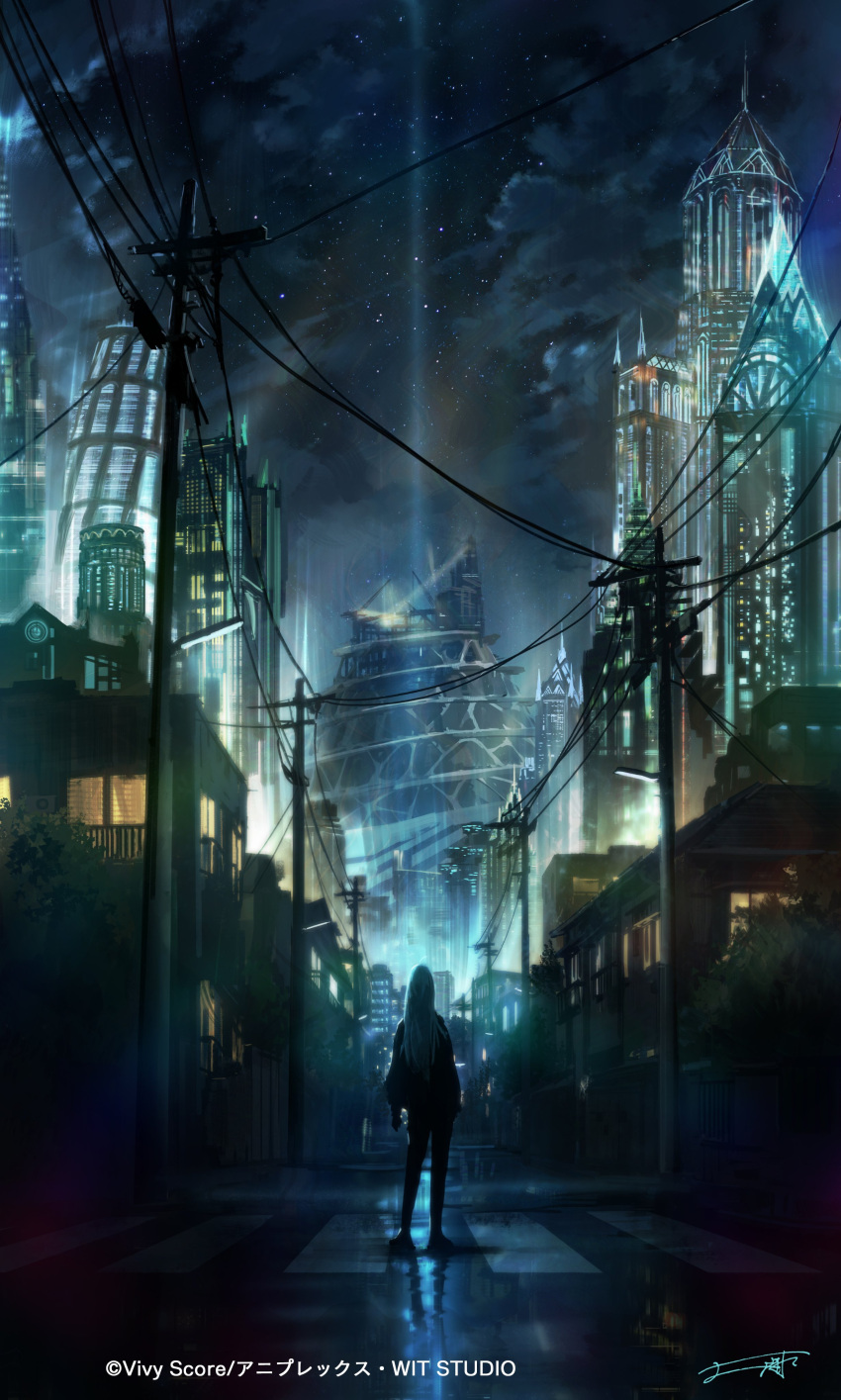 1girl absurdres blue_hair bridge building city city_below city_lights cityscape cloud highres long_hair night night_sky outdoors sky skyline solo star_(sky) vivy vivy:_fluorite_eye's_song wit_studio you_shimizu