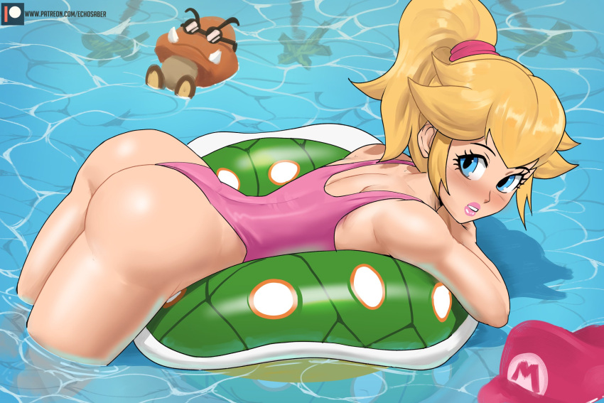 1girl arched_back ass back bare_shoulders blonde_hair blush echo_saber floating goomba hairband highres looking_at_viewer looking_back mario_(series) pink_hairband pink_lips pink_swimsuit pool princess_peach reflection shell sunglasses swimming swimsuit thong_swimsuit