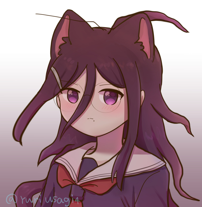 1girl animal_ears bangs blush cat_ears closed_mouth commentary danganronpa:_trigger_happy_havoc danganronpa_(series) frown fukawa_touko glasses gradient gradient_background hair_ornament hairclip highres long_hair looking_at_viewer messy_hair mole mole_under_mouth neckerchief purple_background purple_eyes purple_shirt round_eyewear sailor_collar school_uniform shirt solo twitter_username upper_body white_sailor_collar yuri-usagi