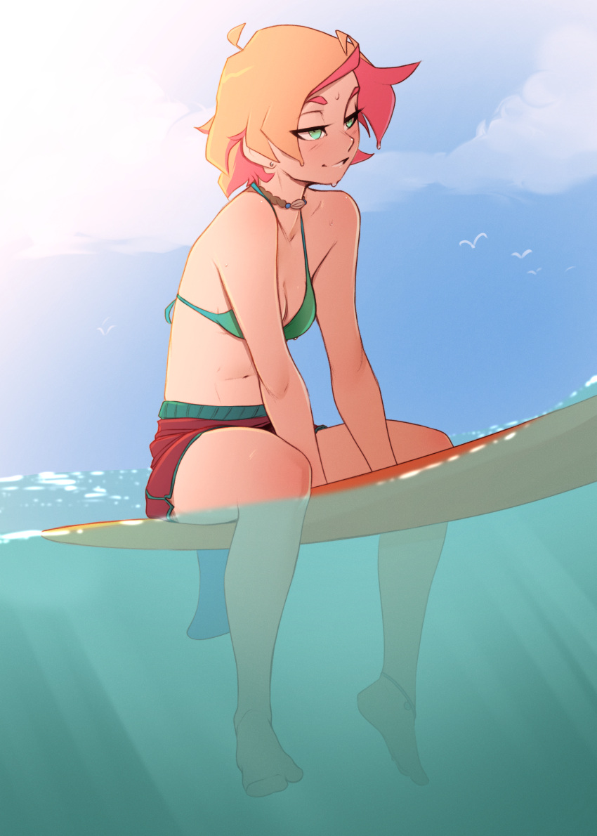 1girl absurdres amanda_o'neill bikini bikini_top bird blue_sky breasts cloud day earrings full_body green_eyes grin highres jewelry little_witch_academia male_swimwear necklace orange_hair pudgeruffian sky smile solo stud_earrings sun_glare surfboard swim_trunks swimsuit water wet wet_hair