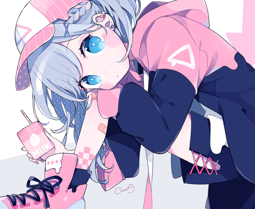 aqua_eyes bandaid blue_hair braids chon_(chon33v) close cropped drink hat hoodie original polychromatic ponytail short_hair shorts signed tattoo