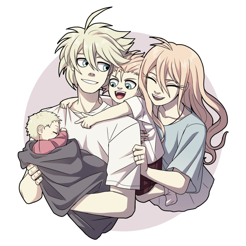 1girl 2boys :d ambiguous_gender baby bangs blonde_hair cheer_(cheerkitty14) child circle collarbone danganronpa_(series) danganronpa_v3:_killing_harmony family grey_background grey_eyes grey_shirt grin happy highres holding_another holding_baby if_they_mated iruma_miu keebo multiple_boys open_mouth pointing shiny shiny_hair shirt short_hair short_sleeves shorts smile teeth