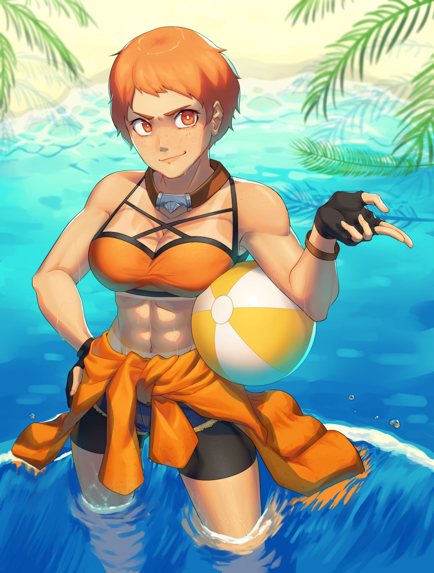 1girl abs absurdres alternate_costume ball barley_juice beach beachball bike_shorts bikini black_gloves breasts bright_pupils english_commentary fingerless_gloves fire_emblem fire_emblem:_three_houses fire_emblem_heroes from_above gloves highres large_breasts leonie_pinelli muscular muscular_female navel ocean orange_bikini orange_eyes orange_hair orange_swimsuit short_hair smile smirk solo standing swimsuit tan tanline water white_pupils