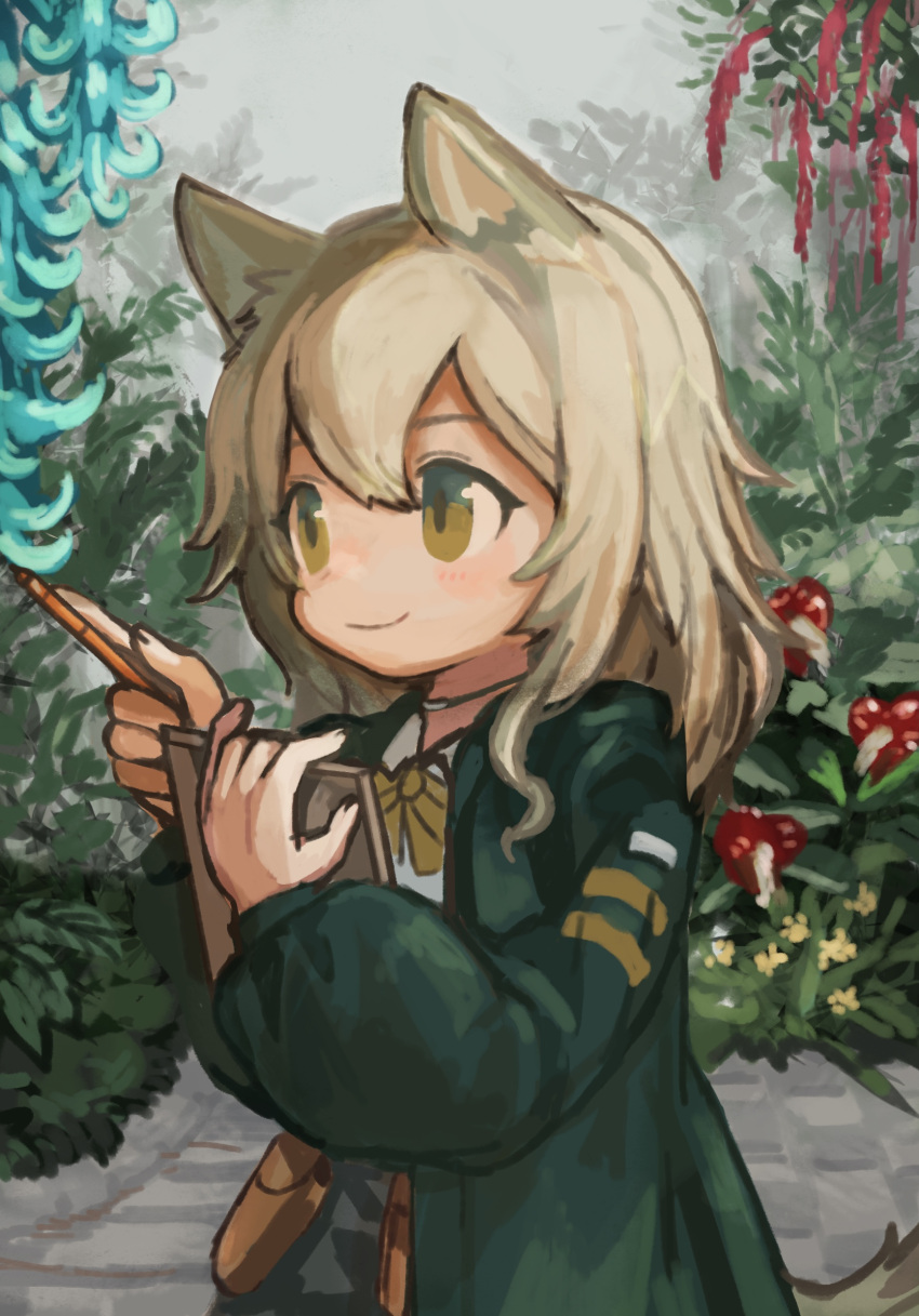 1girl animal_ears arknights bow bowtie brown_hair buchi0122 clipboard commentary dog_ears dog_girl dog_tail flower green_jacket highres holding holding_clipboard holding_pen jacket long_hair open_clothes open_jacket pen plant podenco_(arknights) smile solo tail upper_body yellow_eyes yellow_neckwear