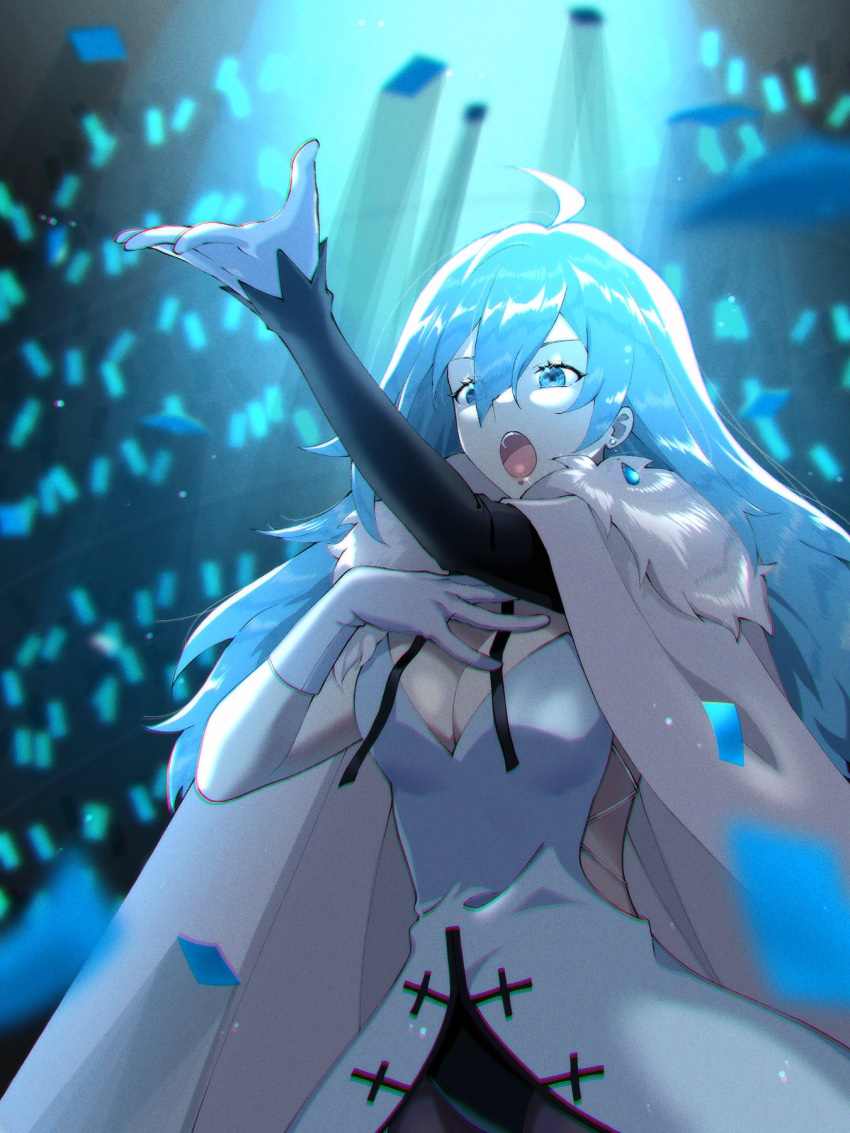 1girl ahoge asymmetrical_gloves blue_eyes blue_hair breasts cape cleavage dress earrings elbow_gloves fur_collar gloves hand_on_own_chest hands_up highres hitotose_rinne idol jewelry large_breasts long_hair open_mouth single_earring single_elbow_glove solo sparkling_eyes upper_body upper_teeth very_long_hair vivy vivy:_fluorite_eye's_song white_cape white_dress white_gloves
