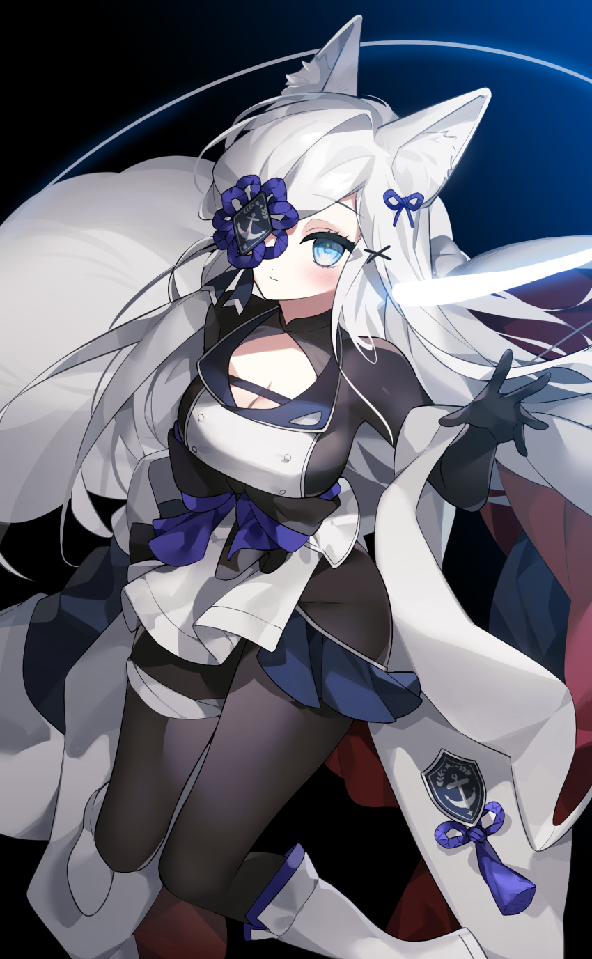 1girl anchor_symbol animal_ear_fluff animal_ears azur_lane bandaged_leg bandages blue_background blue_eyes blue_skirt bodysuit bodysuit_under_clothes boots breasts cleavage emblem flower_eyepatch fox_ears fox_tail gradient gradient_background hair_over_one_eye highres japanese_clothes kasumi_(azur_lane) kimono long_hair long_sleeves looking_at_viewer medium_breasts one_eye_covered retrofit_(azur_lane) skirt solo tail user_yjhw7473 white_footwear white_hair white_kimono wide_sleeves