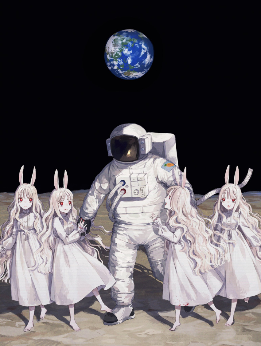 1other 4girls :d :o :q albino ambiguous_gender astronaut barefoot black_gloves blonde_hair blood blood_on_face bloody_clothes bloody_hands copyright_request dress earth_(planet) full_body gloves helmet highres holding_hands long_hair long_sleeves looking_at_another moon multiple_girls nashiko_(nanaju_ko) open_mouth original pale_skin parted_lips planet quadruplets rabbit_girl red_eyes siblings smile space space_helmet spacesuit standing teeth tongue tongue_out wavy_hair white_dress