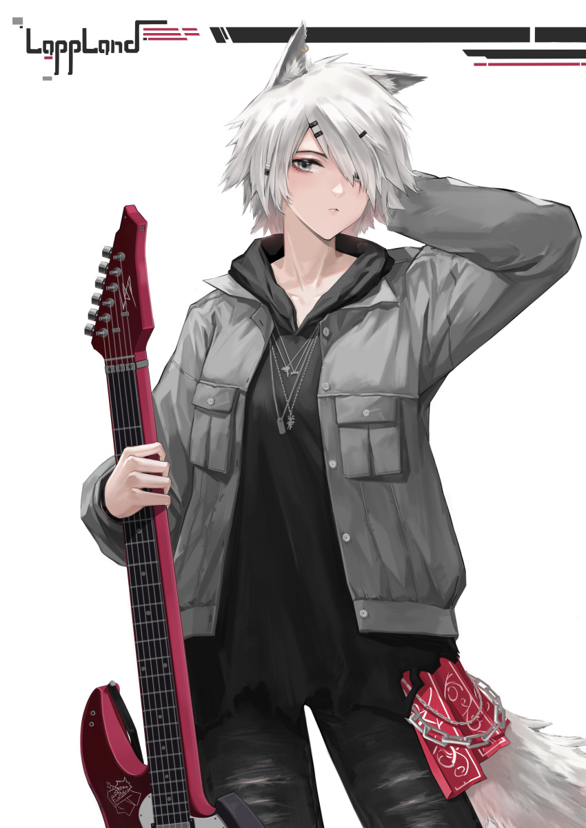 1girl absurdres ambience_synesthesia animal_ears arknights arm_behind_head black_pants black_shirt character_name collarbone cowboy_shot ctpt9r electric_guitar grey_eyes grey_sweater guitar hair_ornament hair_over_one_eye hairclip highres holding holding_instrument instrument jewelry lappland_(arknights) looking_at_viewer necklace pants shirt short_hair simple_background solo sweater tail tomboy upper_body white_background white_hair wolf_ears wolf_girl wolf_tail