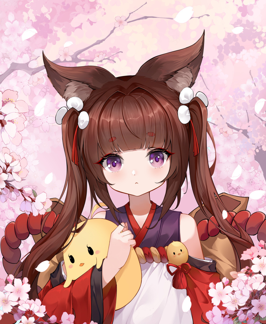 1girl absurdres amagi-chan_(azur_lane) animal_ears azur_lane bangs blunt_bangs brown_hair carrying character_doll cheren_(pokemon) commentary_request detached_sleeves eyebrows_visible_through_hair fox_ears fox_girl fox_tail hair_ribbon highres japanese_clothes kyuubi long_hair looking_at_viewer manjuu_(azur_lane) mianyang_buchiyang multiple_tails petals purple_eyes ribbon rope shimenawa sidelocks solo stuffed_chicken tail thick_eyebrows tree_branch twintails