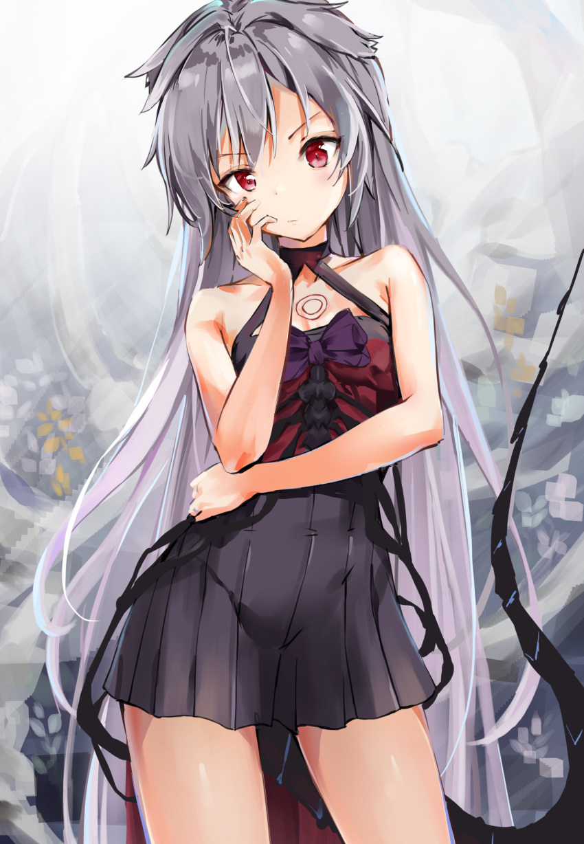 1girl absurdres azur_lane bare_shoulders black_dress bow commentary dress grey_hair hair_intakes halterneck head_rest highres long_hair looking_at_viewer messy_hair montpelier_(azur_lane) montpelier_(persephone's_throne)_(azur_lane) mugi_no_hikyaku red_eyes solo