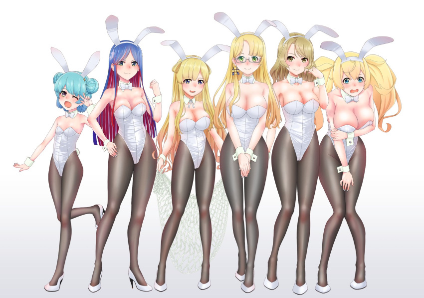 6+girls alternate_costume animal_ears aqua_hair bangs black_legwear blue_eyes blue_hair blush breasts bunny_ears bunny_tail cargo_net cleavage clenched_hand closed_mouth detached_collar double_bun fake_animal_ears fake_tail fletcher_(kancolle) full_body gambier_bay_(kancolle) glasses grey_background hair_between_eyes hand_on_hip high_heels highres holding houston_(kancolle) kantai_collection large_breasts leotard light_brown_hair long_hair medal medium_breasts mikan_29344886 multicolored_hair multiple_girls northampton_(kancolle) one_eye_closed open_mouth pantyhose playboy_bunny red_hair samuel_b._roberts_(kancolle) short_hair simple_background small_breasts smile south_dakota_(kancolle) standing star_(symbol) tail w white_footwear white_hair white_leotard white_neckwear wrist_cuffs