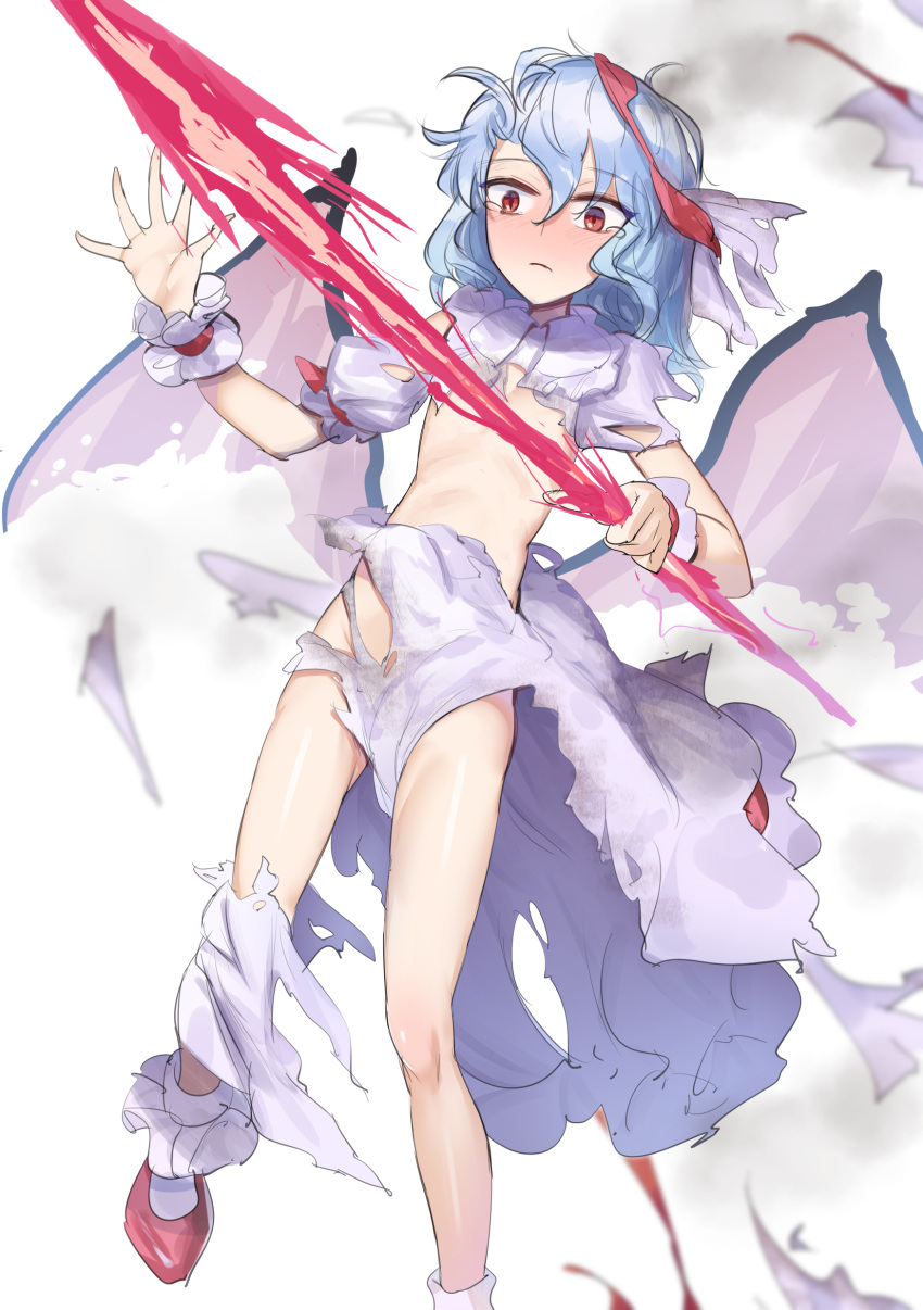 1girl absurdres bangs bat_wings blue_hair convenient_censoring dress exploding_clothes flat_chest frown gunnjou_yosio hair_between_eyes highres long_hair puffy_short_sleeves puffy_sleeves red_eyes remilia_scarlet short_sleeves solo spear_the_gungnir tearing_up torn_clothes torn_dress touhou white_dress wings wrist_cuffs