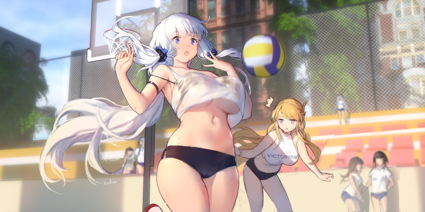 6+girls :o azur_lane ball bangs basketball_hoop black_bra blonde_hair blue_eyes bra bra_through_clothes breasts buruma character_request commentary_request crop_top day eyebrows_visible_through_hair hair_ornament hair_scrunchie hands_up highres illustrious_(azur_lane) large_breasts long_hair looking_at_another midriff mole mole_under_eye multiple_girls navel outdoors scrunchie see-through shirt sleeveless sleeveless_shirt stomach swd3e2 sweat swept_bangs underboob underwear very_long_hair victorious_(azur_lane) white_hair white_shirt