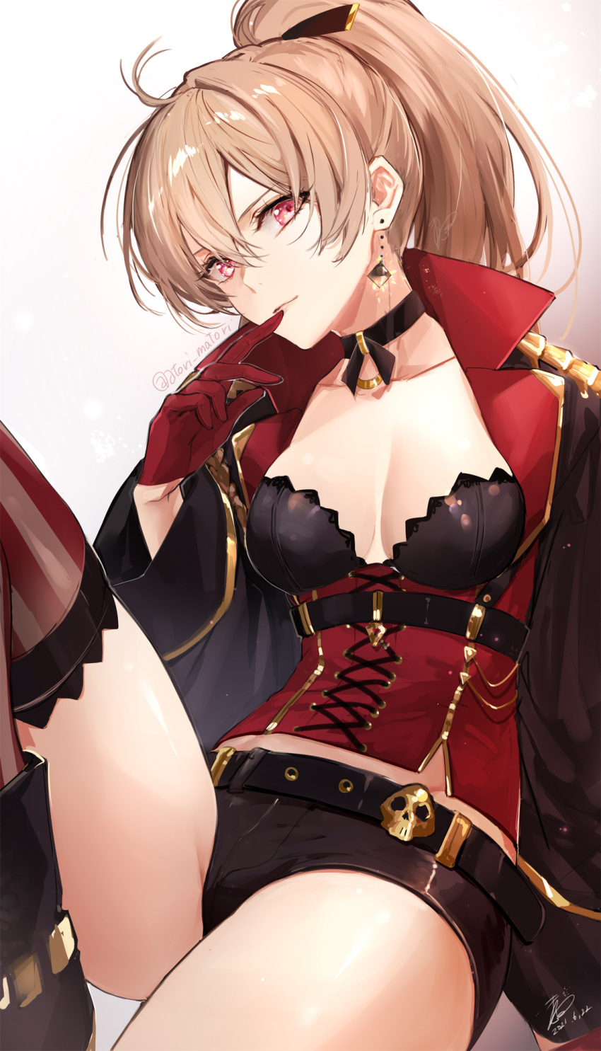 1girl ahoge azur_lane bangs belt black_choker black_coat black_footwear black_shorts boots breasts brown_hair choker cleavage closed_mouth coat collarbone corset dated earrings feet_out_of_frame finger_to_mouth gloves hair_between_eyes highres jean_bart_(azur_lane) jewelry knee_boots knee_up long_hair looking_at_viewer matori_(penguin_batake) medium_breasts open_clothes open_coat ponytail red_eyes red_gloves short_shorts shorts signature sitting skull smile solo striped striped_legwear thighhighs thighs twitter_username vertical-striped_legwear vertical_stripes