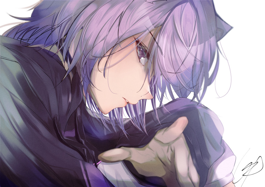 1girl absurdres animal_ears bangs black_hoodie blush cat_ears cat_girl close-up eyebrows_visible_through_hair film_grain from_side highres hololive hood hoodie huge_filesize leaning_forward looking_at_viewer nekomata_okayu open_hand parted_lips pointing pointing_at_viewer purple_eyes purple_hair signature solo upper_body urotare virtual_youtuber