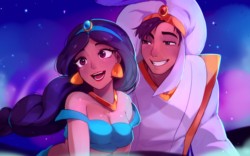 1boy 1girl :d aladdin_(character) aladdin_(disney) arabian_clothes bare_shoulders benzbt black_hair breasts brown_eyes cleavage dark-skinned_female dark-skinned_male dark_skin diadem earrings english_commentary grin hat highres jasmine_(disney) jewelry lips long_hair medium_breasts midriff necklace night night_sky open_mouth outdoors sky smile teeth upper_body