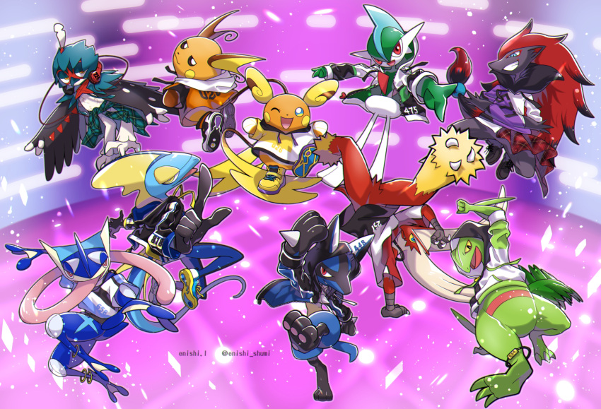 :d ;d alolan_form alolan_raichu alternate_color anklet arm_up artist_name bird black_eyes blaziken blue_eyes bright_pupils brown_eyes cable claws clenched_hand closed_mouth clothed_pokemon clothes_around_waist colored_sclera commentary_request dancing decidueye enishi_(menkura-rin10) from_behind gallade gen_1_pokemon gen_3_pokemon gen_4_pokemon gen_5_pokemon gen_6_pokemon gen_7_pokemon gen_8_pokemon greninja grin hair_bobbles hair_ornament hand_in_pocket handstand headphones highres hood hood_up hoodie inteleon jacket jewelry leg_up legs_up long_sleeves looking_at_viewer looking_back looking_down lucario one_eye_closed open_clothes open_hoodie open_jacket open_mouth orange_hoodie outstretched_arms owl parted_lips pointing pokemon pokemon_(creature) raichu red_eyes red_fur sceptile shiny shiny_pokemon shirt shoes short_sleeves smile spikes spread_legs standing standing_on_one_leg talons teeth toes tongue tongue_out twitter_username white_hoodie white_pupils yellow_eyes yellow_footwear yellow_sclera zipper zoroark