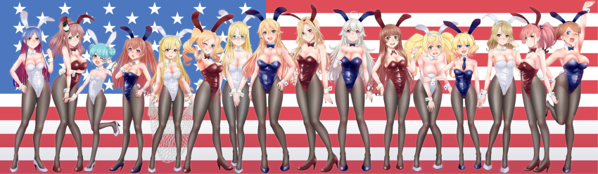 6+girls :q absurdres ahoge alternate_costume alternate_hairstyle american_flag american_flag_background anchor_hair_ornament animal_ears aqua_hair arm_up atlanta_(kancolle) bangs black_legwear black_nails blue_eyes blue_footwear blue_hair blue_leotard blue_neckwear blush bow bowtie braid breasts brown_hair bunny_ears bunny_tail cargo_net cleavage clenched_hand closed_mouth colorado_(kancolle) detached_collar double_bun drill_hair earrings fake_animal_ears fake_tail flag_background fletcher_(kancolle) full_body gambier_bay_(kancolle) glasses gradient gradient_hair green_eyes grey_hair hair_between_eyes hair_bobbles hair_ornament hand_on_hip helena_(kancolle) high_heels highres holding honolulu_(kancolle) hornet_(kancolle) houston_(kancolle) intrepid_(kancolle) iowa_(kancolle) jewelry johnston_(kancolle) kantai_collection large_breasts leg_up leotard light_brown_hair long_hair medal medium_breasts mikan_29344886 multicolored_hair multiple_girls nail_polish necktie northampton_(kancolle) one_eye_closed open_mouth pantyhose pink_hair playboy_bunny ponytail purple_eyes red_footwear red_hair red_leotard red_neckwear samuel_b._roberts_(kancolle) saratoga_(kancolle) short_hair simple_background single_earring small_breasts smile smokestack_hair_ornament south_dakota_(kancolle) standing star_(symbol) star_earrings tail tongue tongue_out twin_drills twintails two_side_up w washington_(kancolle) white_footwear white_hair white_leotard white_neckwear wrist_cuffs