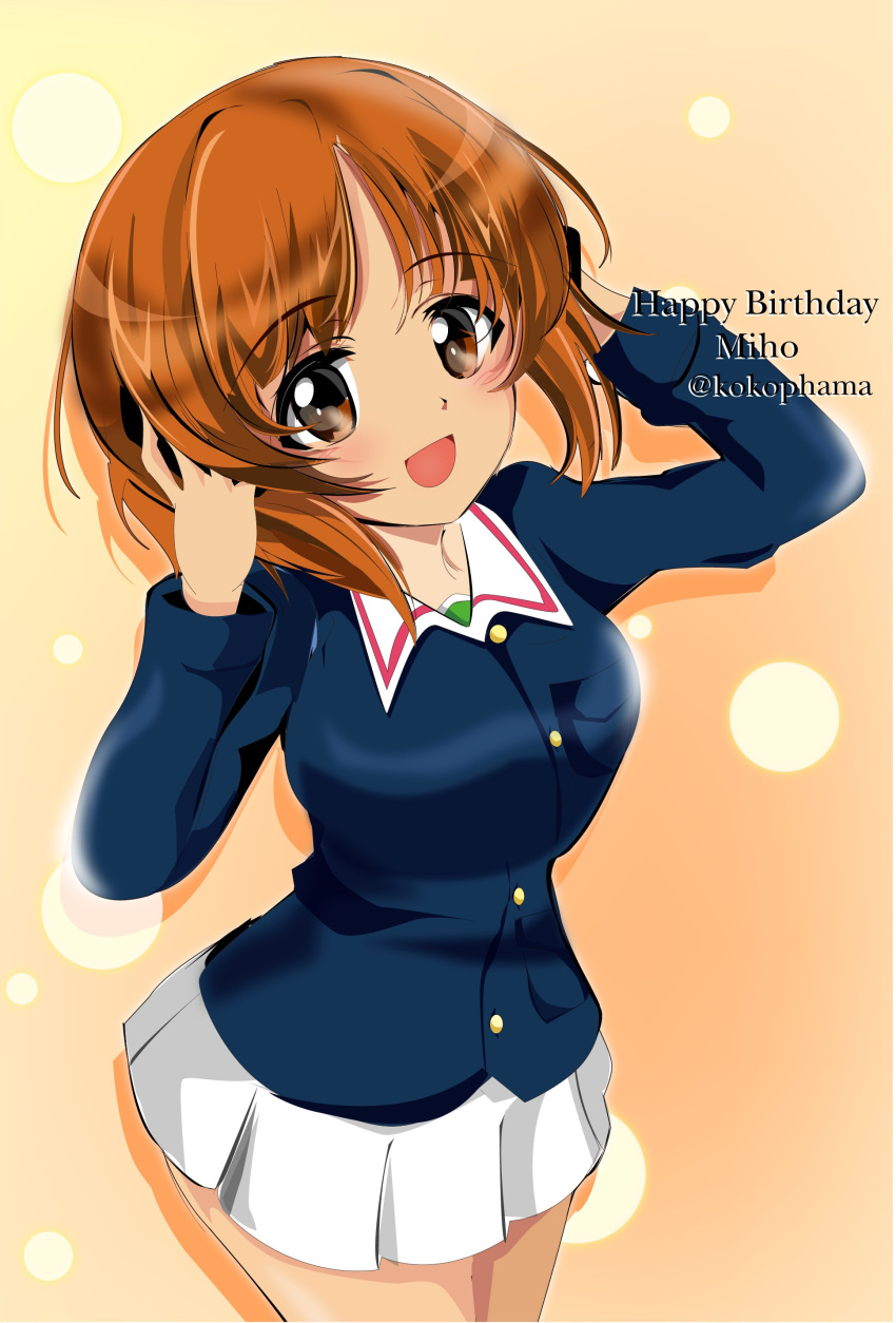 1girl :d absurdres bangs birthday blue_jacket brown_eyes brown_hair character_name commentary cowboy_shot english_text eyebrows_visible_through_hair girls_und_panzer green_shirt hands_on_headphones happy_birthday headphones highres jacket kokophama long_sleeves looking_at_viewer military military_uniform miniskirt nishizumi_miho ooarai_military_uniform open_mouth orange_background pleated_skirt shadow shirt short_hair skirt smile solo standing twitter_username uniform white_skirt
