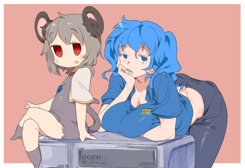 2girls 58.2kg animal_ear_fluff animal_ears bangs best_buy black_pants blue_eyes blue_hair blue_shirt blush blush_stickers border breasts commentary_request cookie_(touhou) crystal dress dual_persona eyebrows_visible_through_hair feet_out_of_frame full_body grey_dress grey_hair head_rest jewelry kawashiro_nitori kofji_(cookie) large_breasts leaning_forward looking_at_viewer medium_hair mouse_ears mouse_girl mouse_tail multiple_girls nazrin open_mouth outside_border pants pendant pink_background printer red_eyes shirt short_hair simple_background tail touhou two_side_up white_border