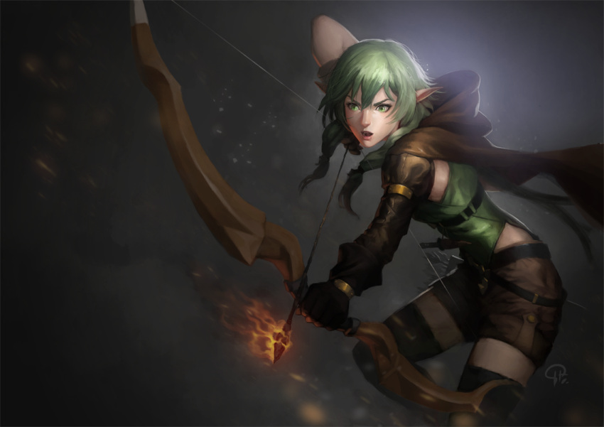 1girl black_footwear black_gloves boots bow_(weapon) brown_cape brown_shorts cape elf flaming_arrow gloves goblin_slayer! green_eyes green_hair grey_background hifarry high_elf_archer_(goblin_slayer!) holding holding_bow_(weapon) holding_weapon hood hood_down hooded_cape nose petite pointy_ears serious shorts solo thigh_boots thighhighs weapon