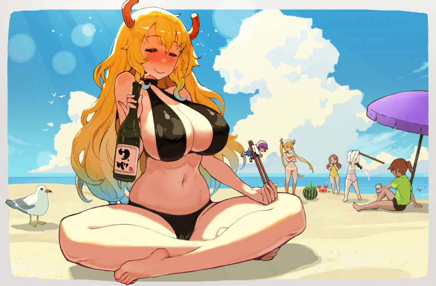 bikini cutegoblin erect_nipples horns kanna_kamui kobayashi-san_chi_no_maid_dragon kobayashi_(kobayashi-san_chi_no_maid_dragon) quetzalcoatl_(kobayashi-san_chi_no_maid_dragon) sake swimsuits tooru_(kobayashi-san_chi_no_maid_dragon)