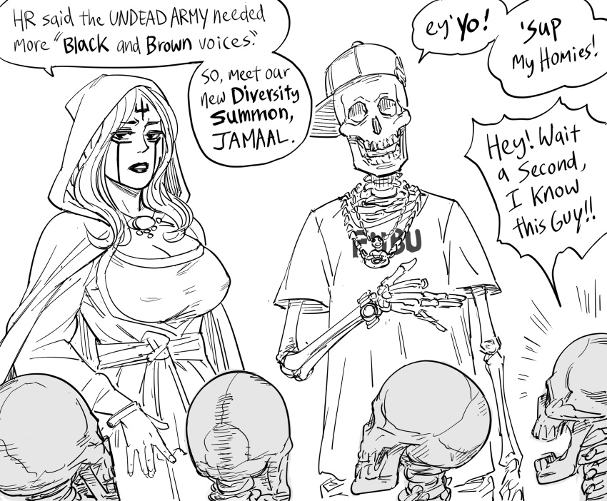1girl 5others baseball_cap bb_(baalbuddy) breasts cleavage commentary english_commentary english_text facial_mark forehead_mark greyscale hat highres hip_hop hood hood_up jewelry jitome large_breasts monochrome multiple_others necklace original parted_lips shirt short_sleeves sideways_hat simple_background skeleton sweatdrop white_background